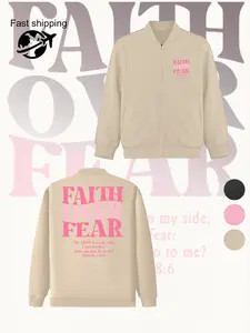 Faith over Fear Women's Graphic Zip Long Sleeve Jacket, Casual Fitted Flight Jacket for All Seasons, Stylish Outerwear for Daily and Outdoor Activities