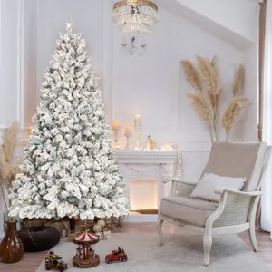 4FT Flocked Christmas Tree with 150 UL Lights and 21 Natural Pine Cones – Snowy PVC Tips, 366 Tips, Hinged Structure, Stable Metal Stand, Easy Setup