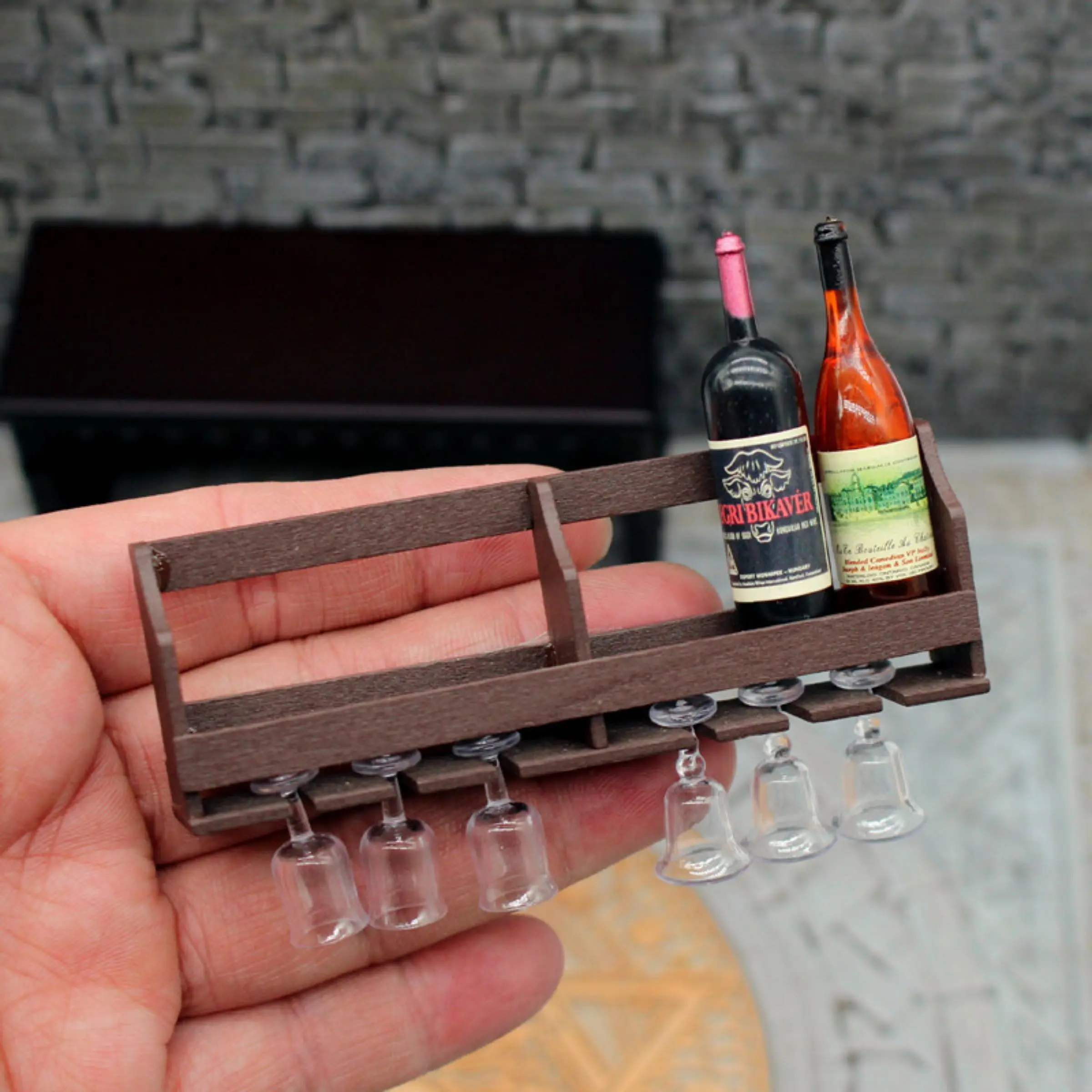 9pcs 1:12 Dollhouse Cute Miniature Bar Shelf Set, Wall Mounted Plastic Wine Rack with Hanging Glass Storage, Mini Furniture Decor