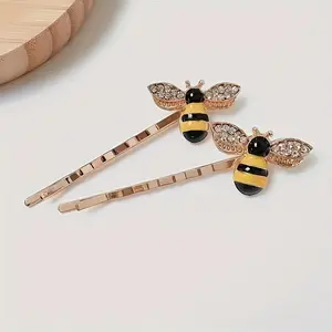 2pcs Fashion Yellow Bee Diamond-Encrusted Hairpins for Women Party Hair Additions