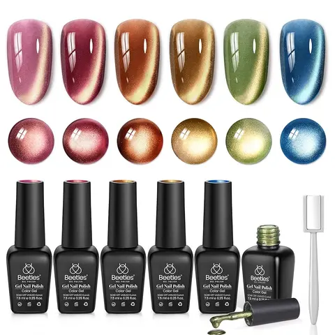 [Beetles] 6 Colors Cat Eye Gel Nail Polish Set - 7.5mL Golden Mirage with Sparkle Glitter Red Green Gold Silver Soak Off UV LED Gel Kit with Base & Top Coat | Gift for Women
