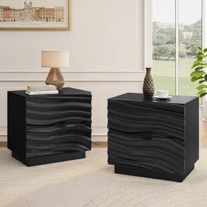 ARCH Solid Wood Nightstands Set of 2, Bedside Table with 2 Drawers, No Handles, Sofa End Table for Living Room, Bedrooms,Black