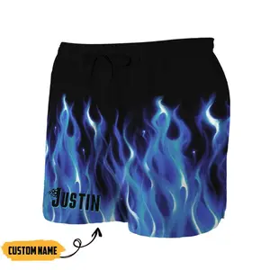 Gearhumans 3D Hot Rod Blue Flame Bowling Custom Name Beach Shorts Swim Trunks