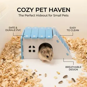 Hamster Toy PVC Hamster House, Wooden Villa Flat Roof, Colorful House, Sloped Design, Ideal for Pet Enrichment, Durable & Safe