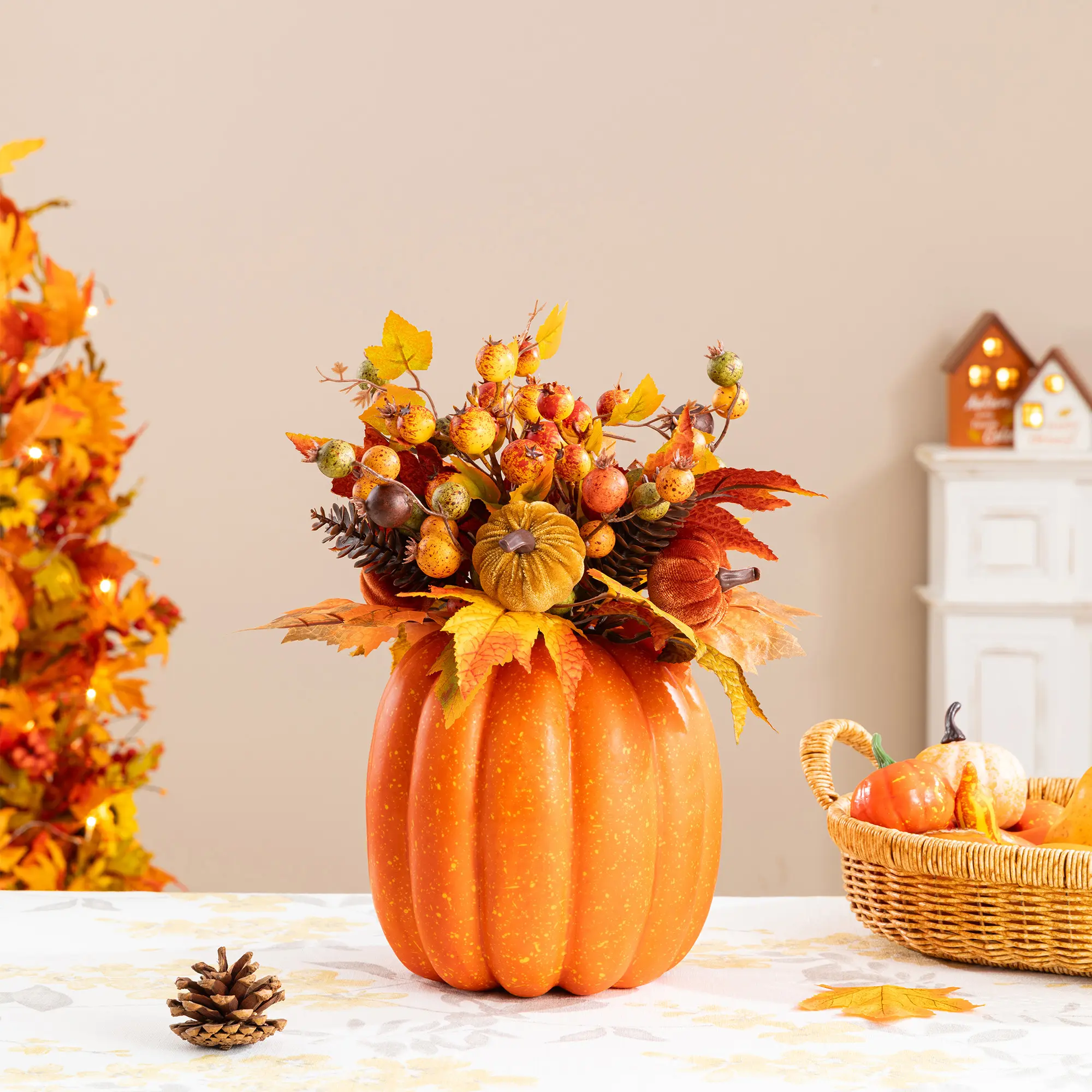 Glitzhome 15"H Fall Velvet Pumpkin, Pinecone & Berry Centerpiece