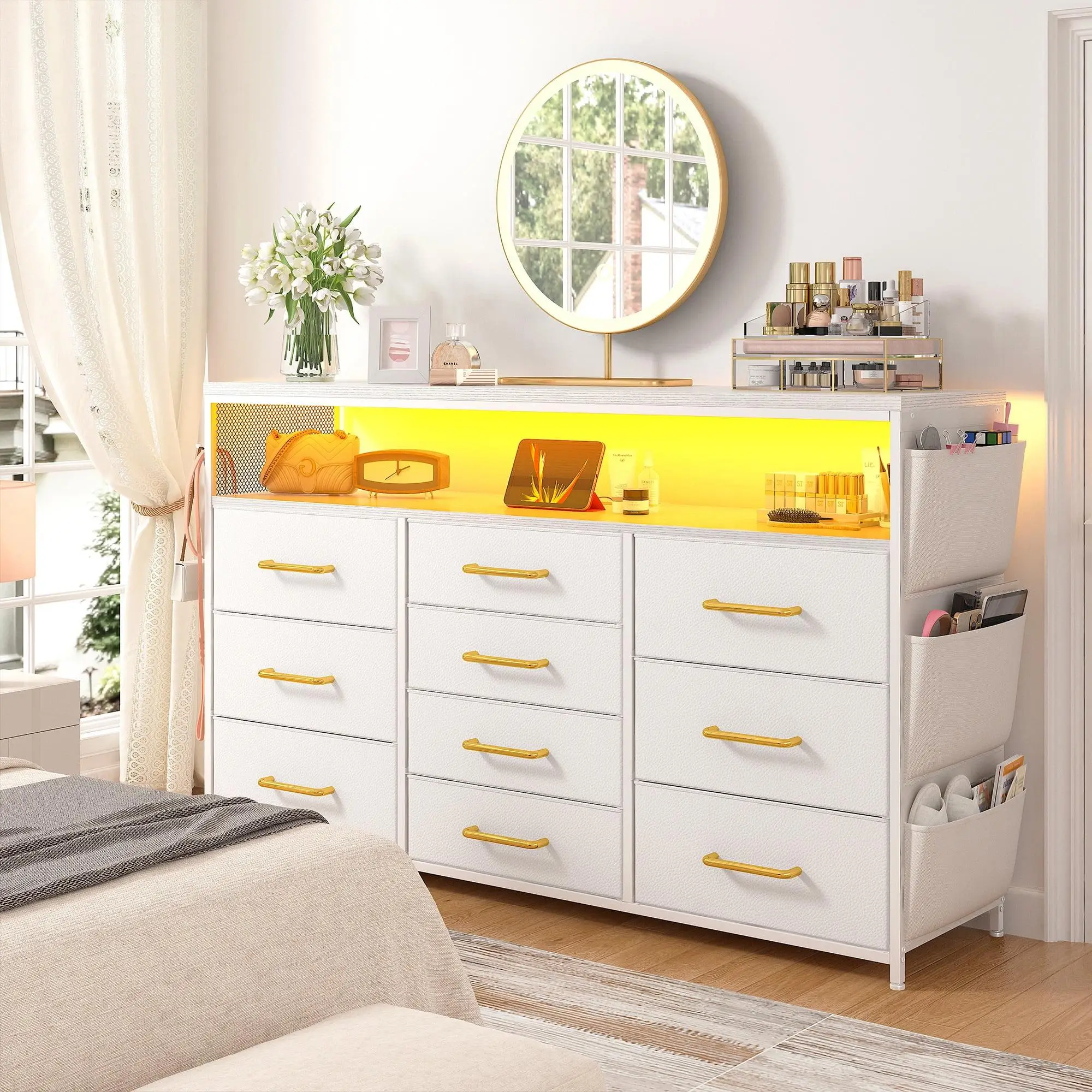 【Labor Day/Modern&Sturdy】RaybeeFurniture Space-Save Dresser with LED Lights & 10 Drawers, Stylish Fabric Storage Cabinet with Wooden Top & Metal Frame