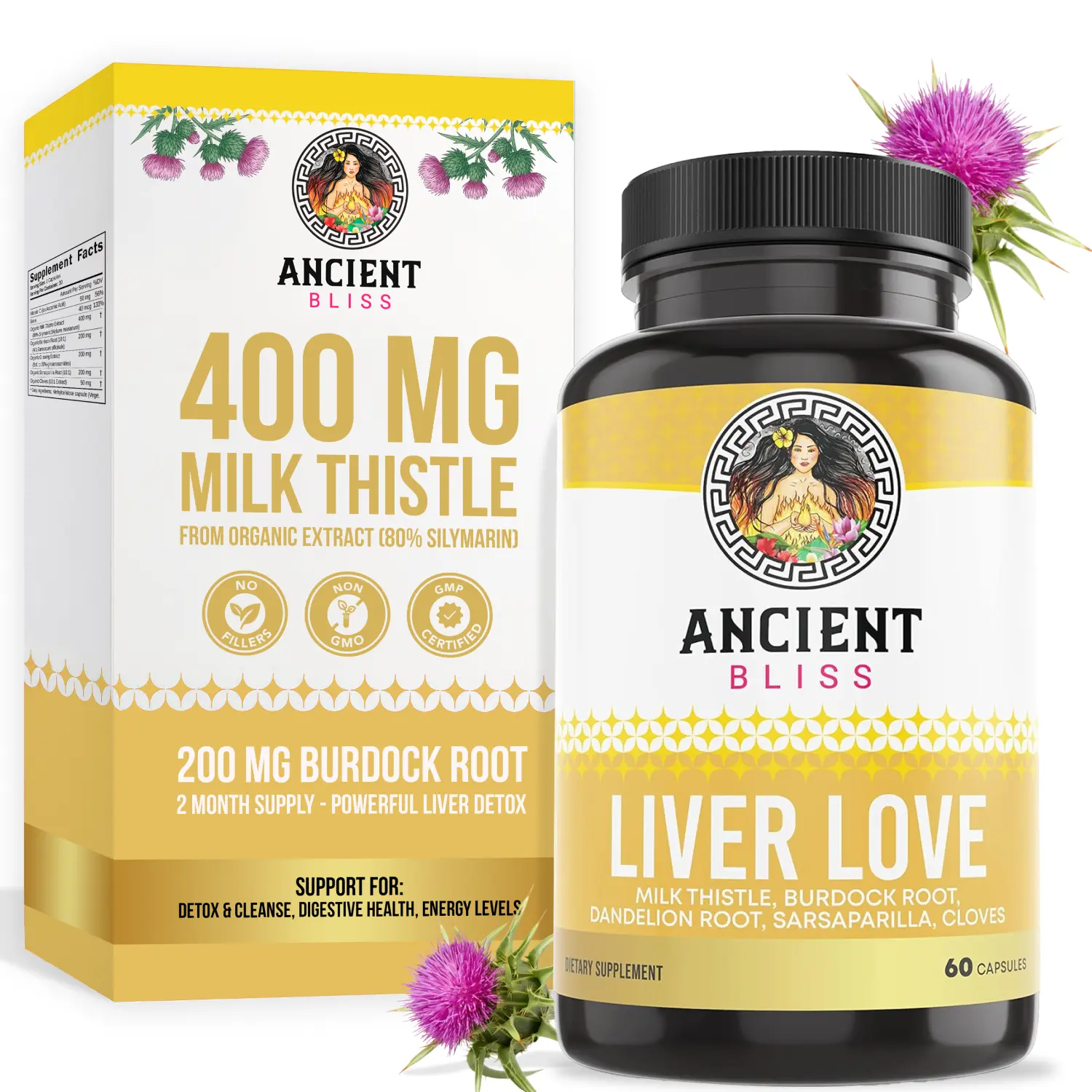 Ancient Bliss Liver Love Natural Organic Plant-Based Herbal Dietary Supplement - Ginseng, Milk Thistle, Burdock Root, Dandelion, Sarsaparilla, Cloves - 60 Vegetarian Capsules for Adult Liver Health Support, Natural Organic Supplement, Plant Based Suppleme