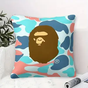 BAPE Macaron Camo Ape Head Pillow with Inserts, 45cm Square Zipper Cushion, Pink Blue Camouflage with Ape Head Pattern, Soft Cozy, Gift for Fans, Ideal for Home Decor & Playtime Fun, Sofa Cushion