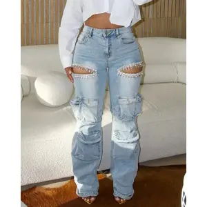 2025Women Cutout Diamonds Crystal Hollow Out Straight Denim Pants  Fall Multi Pocket High Waist Wide Leg Jeans Trousers Fit Elegant  Style Bottom Chic