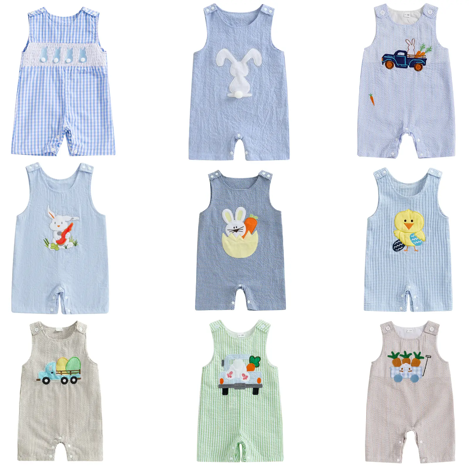 Newborn Baby Boy Easter Outfit Bunny Carrot Embroidery Striped Sleeveless Jumpsuit Overalls Shorts Spring Palysuit Shortalls #Springtok
