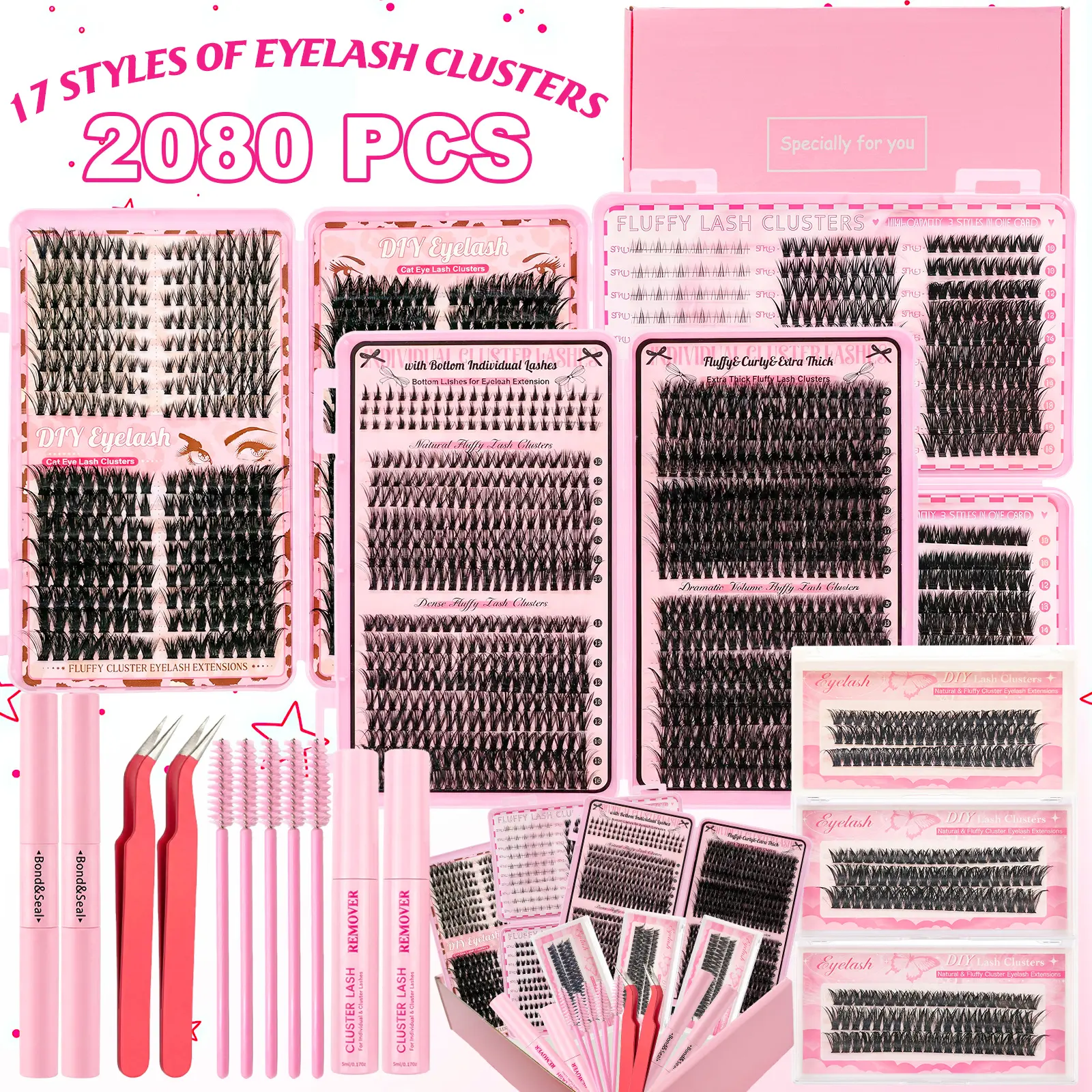 Lash Clusters Kit 2080Pcs Individual Cluster Lash Extensions Kit Wispy Natural Cat Eye 40D+50D+60D+80D+100D Wispy Eyelash Clusters with Lash Bond and Seal and Tweezers Remover Mixed Length 6 Styles Mix Lashes Clusters Kit for Beginners Makeup Cosmetic