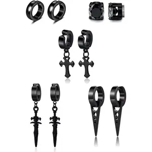 5 Pairs Punk -hop Stainless Steel Black Dagger Geometric Triangle Cross Sword Dangle Surgical Huggie Hoop Earrings Set  for Men Women Teen