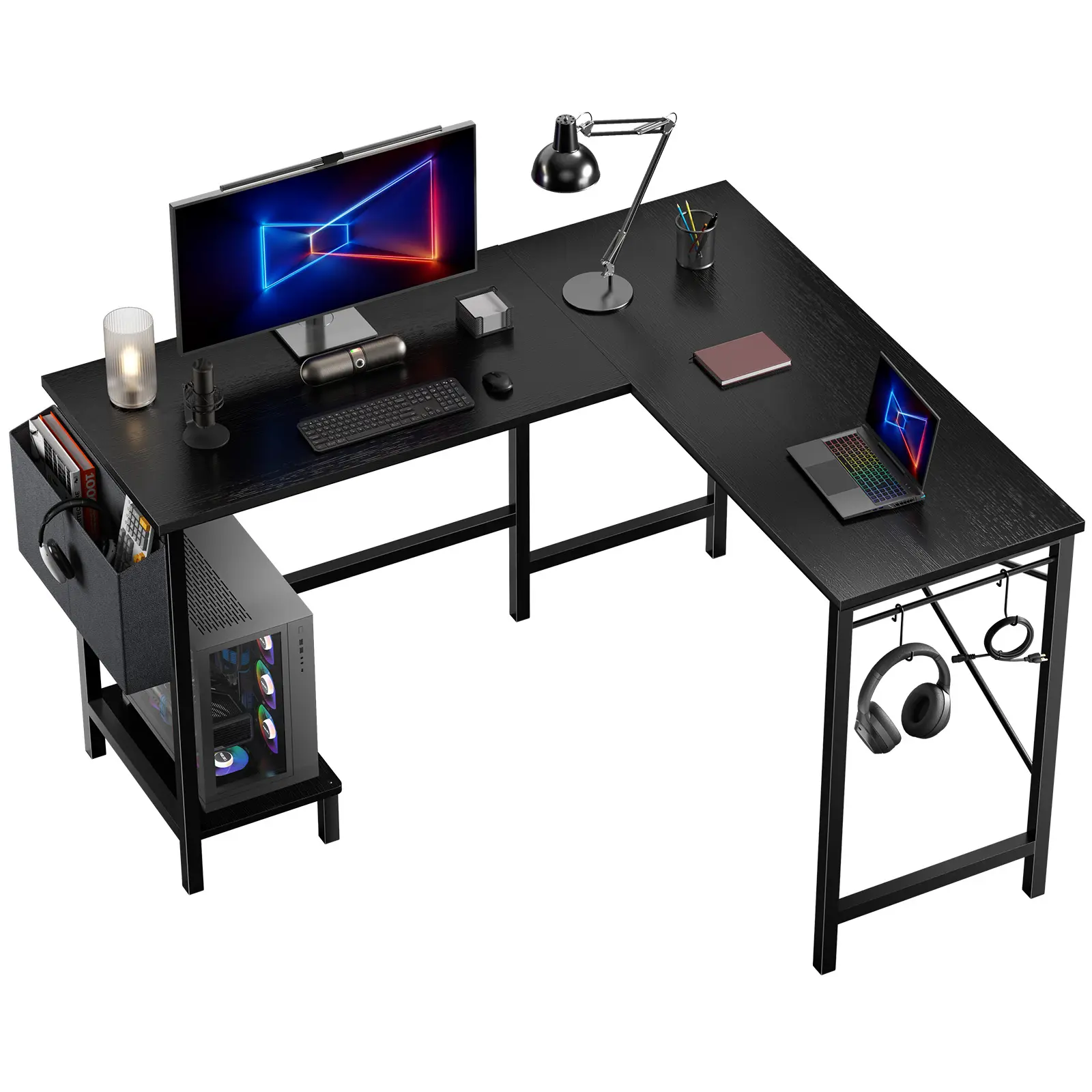 Sweet Furniture 50-Inch L-Shaped Multi-Functional Computer Wood Workstation - Esports Gaming PC Desk with Storage, CPU Stand, Modern Home Office Room Decor