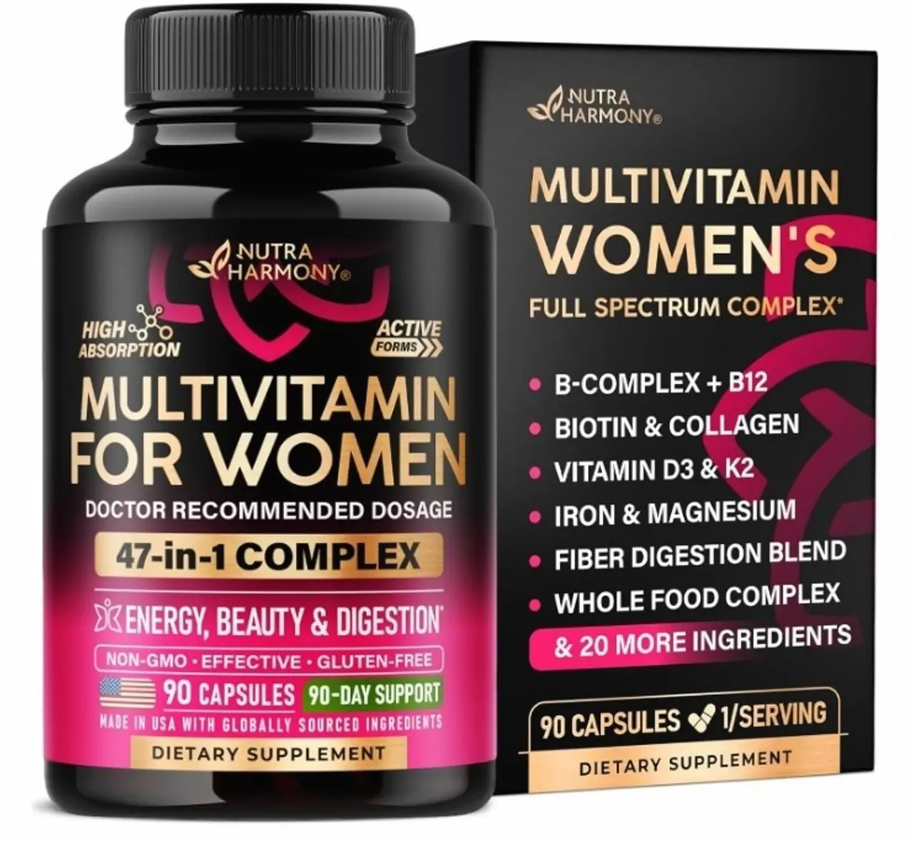 Multivitamin for Women - B-Complex | Whole Foods | Hair Growth Support | Digestion & Metabolism | Iron - 47in1 Womens Multivitamin - Bioavailable & Gentle on Stomach - 90 Capsules, 3 Month Supply