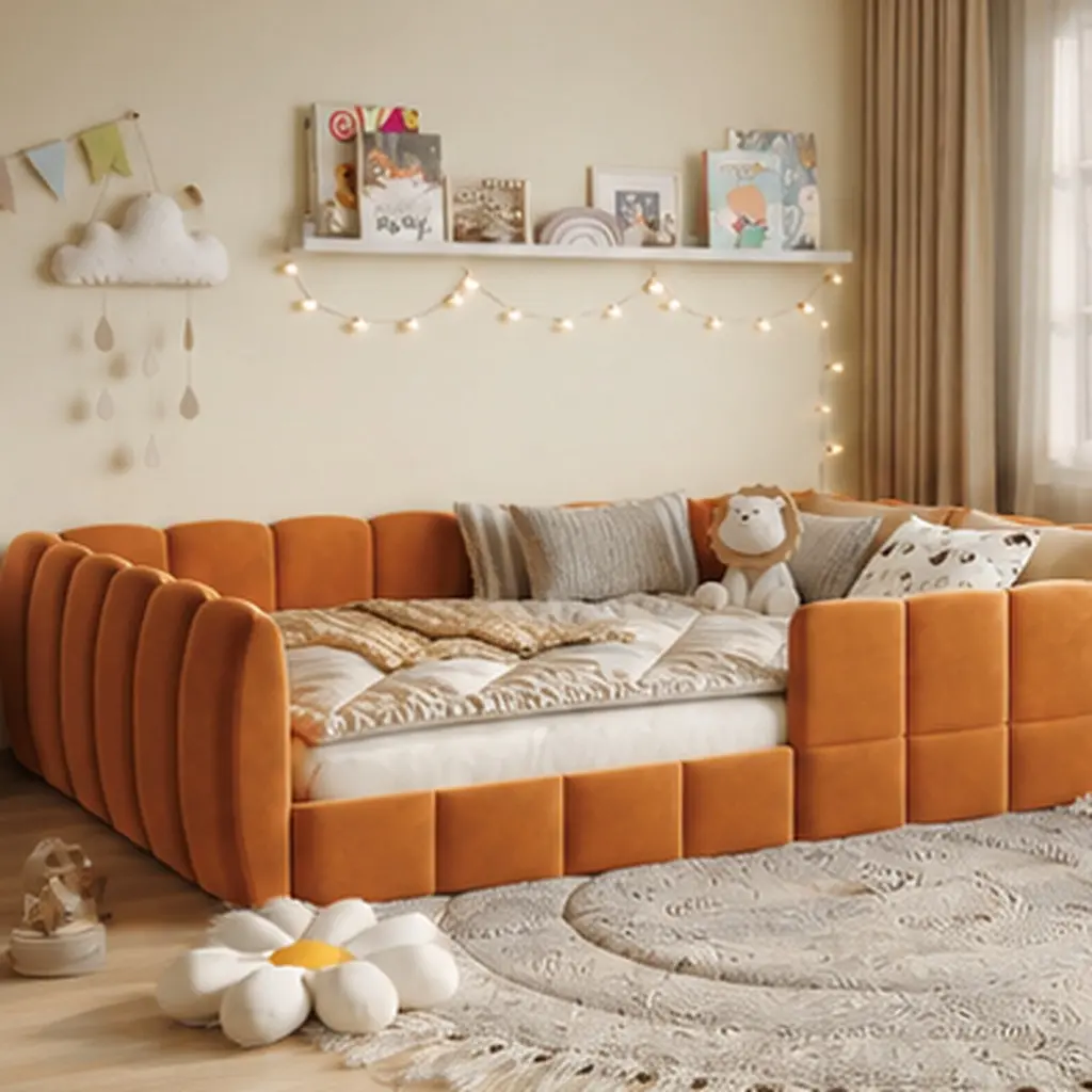 Full Size Velvet Upholstered Floor Bed Frame with Guardrails, Low Profile Platform Bed for Kids and Pets, No Box Spring Needed, Multiple Color Options, 82.1L x 57.9W x 20.7H Inches, Full Size Options, Gray/Green/Orange Color Options