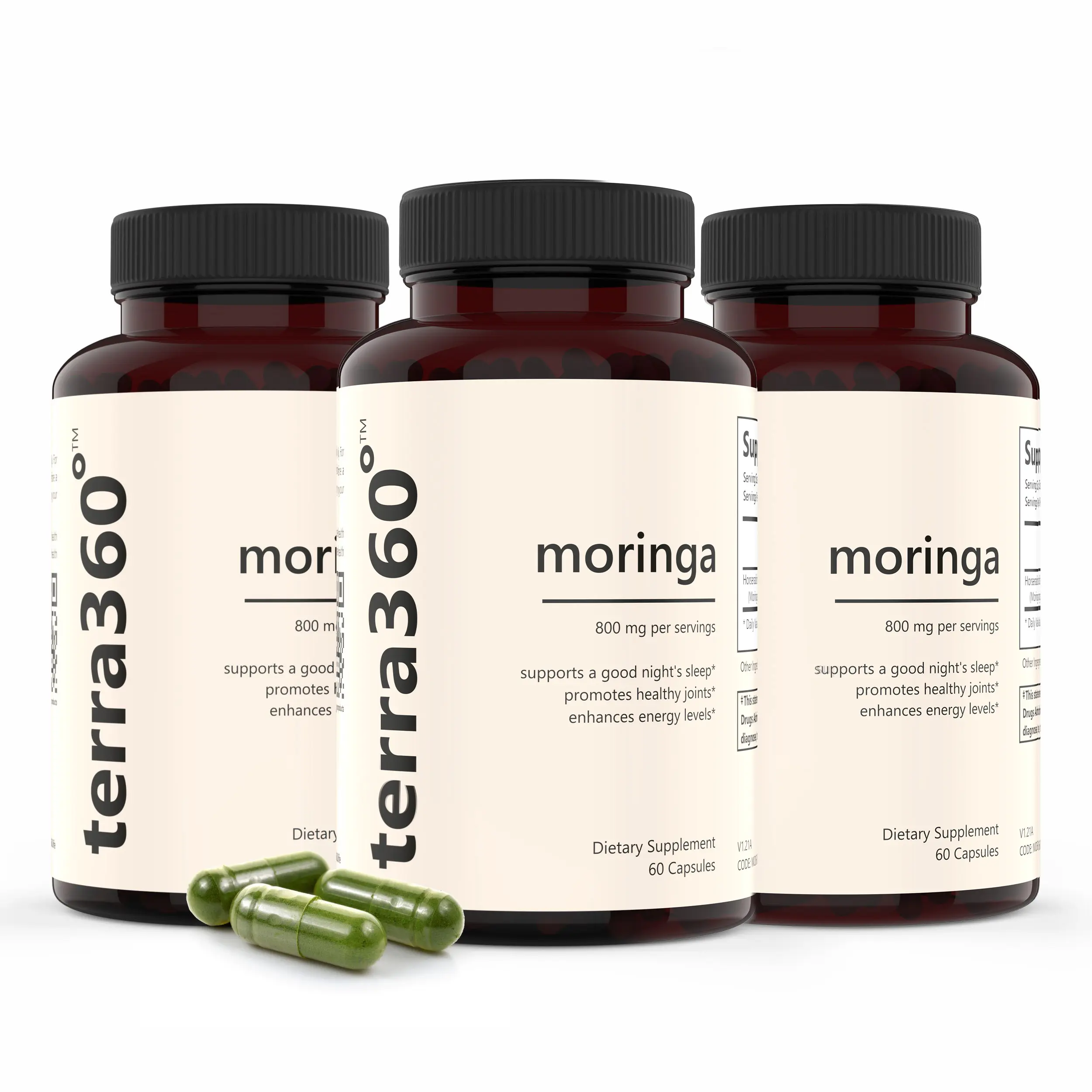 TERRA360° Vegetarian Moringa Dietary Supplement Capsules, 3-Pack 800 mg Per Serving, Natural Green Superfood for Adults - Gluten-Free, Non-GMO, Made in USA, Energy Management, Immune Health, Skin & Digestive Health Support