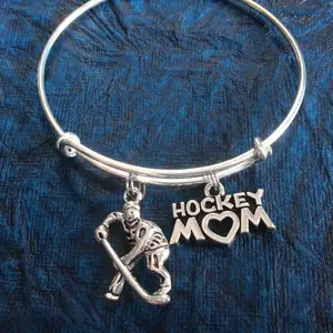 Hockey Mom Bracelet - Adjustable Silver Bangle Gift for Hockey Player Mom or Coach