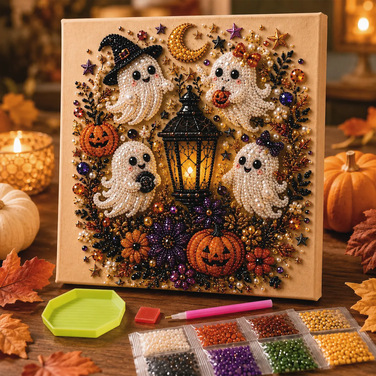 8x8 in Halloween Whimsical Spooky Cute Ghost Pearl Beads 3D Effect Diamond Painting DIY Kit, Fall Indoor Recreation Handicraft Set, Wall Art Decor & Halloween Gift,Ghost Them