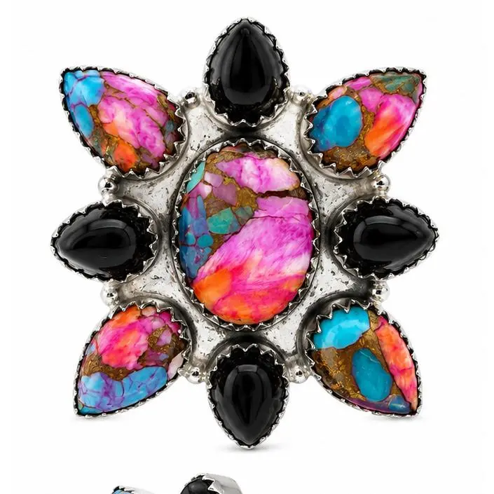 Pink Dahlia and Black Onyx Cluster .925 Sterling Silver Cluster Ring