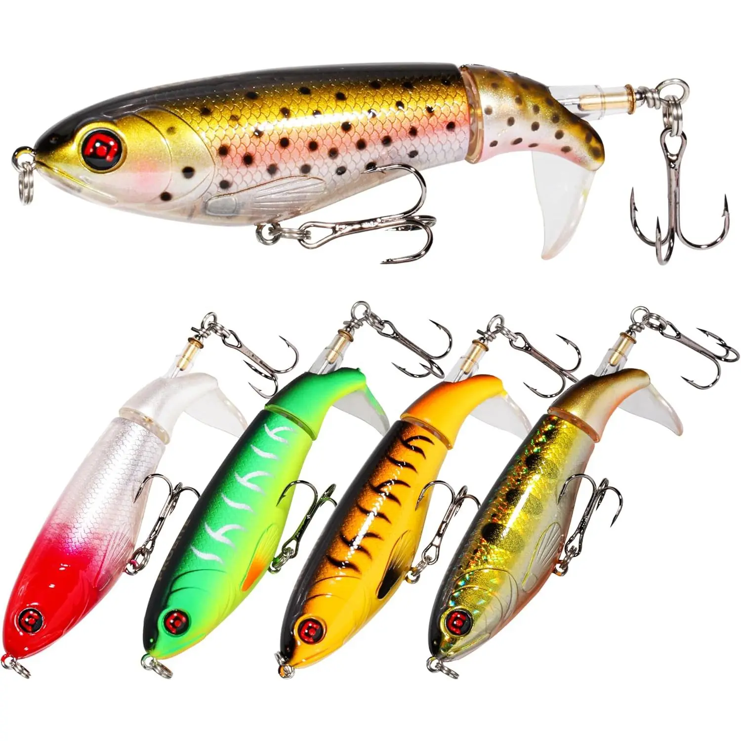 5PCS Whopper Plopper Prop-Action Topwater Fishing Lures with Rotating Propeller Tail for Splashing Action – Bass & Trout, Freshwater & Saltwater kit artificial bait simulation realistic eye hard gifts fishermen