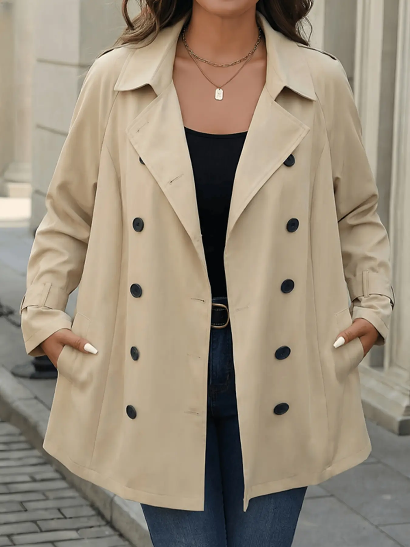 Women's Plus Size Spring & Fall Long Sleeve Windbreaker Jacket, Elegant Loose Fit with Pockets, Casual Belted Design for Daily Outerwear