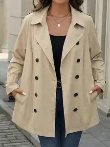 Women's Plus Size Spring & Fall Long Sleeve Windbreaker Jacket, Elegant Loose Fit with Pockets, Casual Belted Design for Daily Outerwear