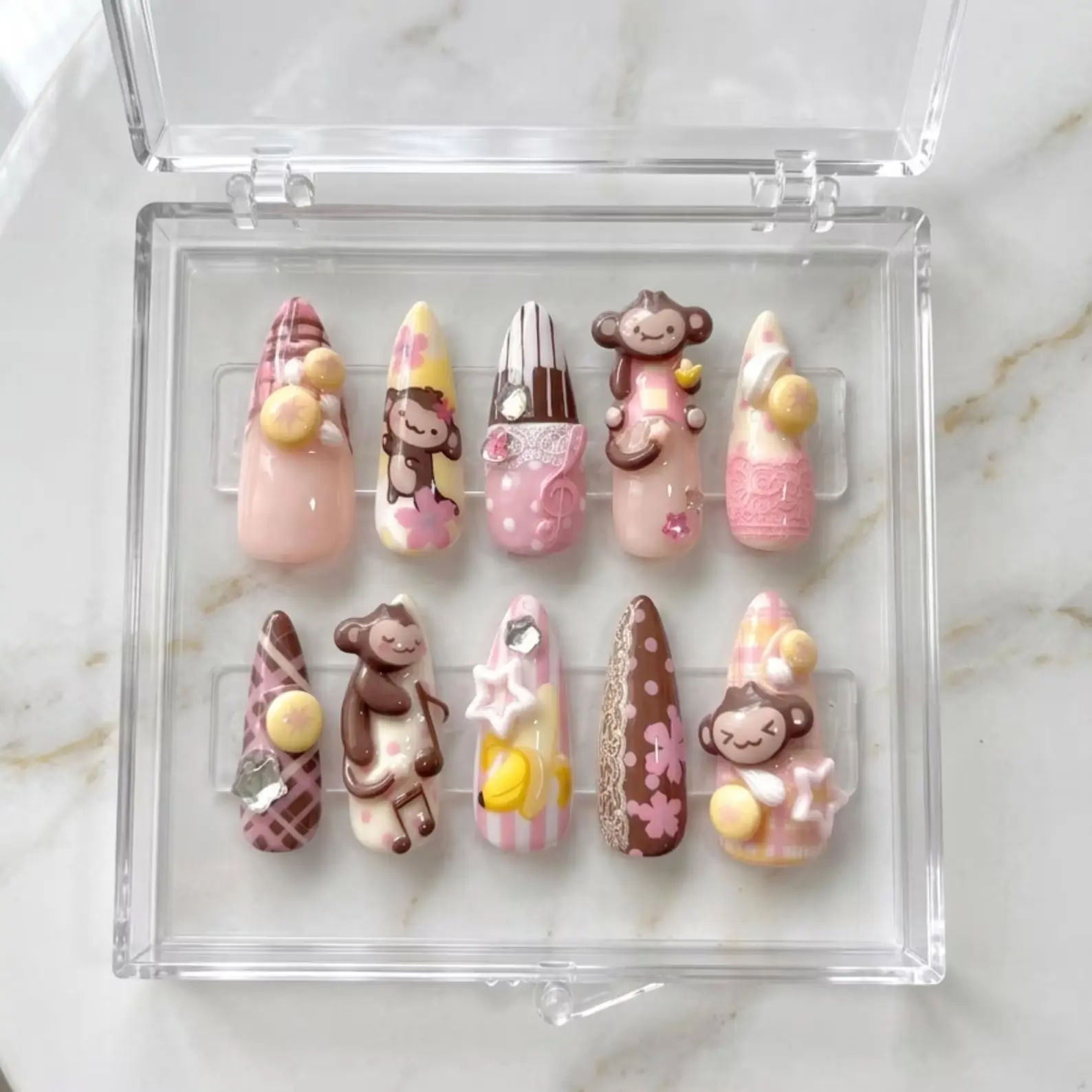 3D Monkey Press On Nails | Kawaii Pink and Brown Acrylic Nails | Japanese Harajuku Animal Charms | Handmade Custom Nails