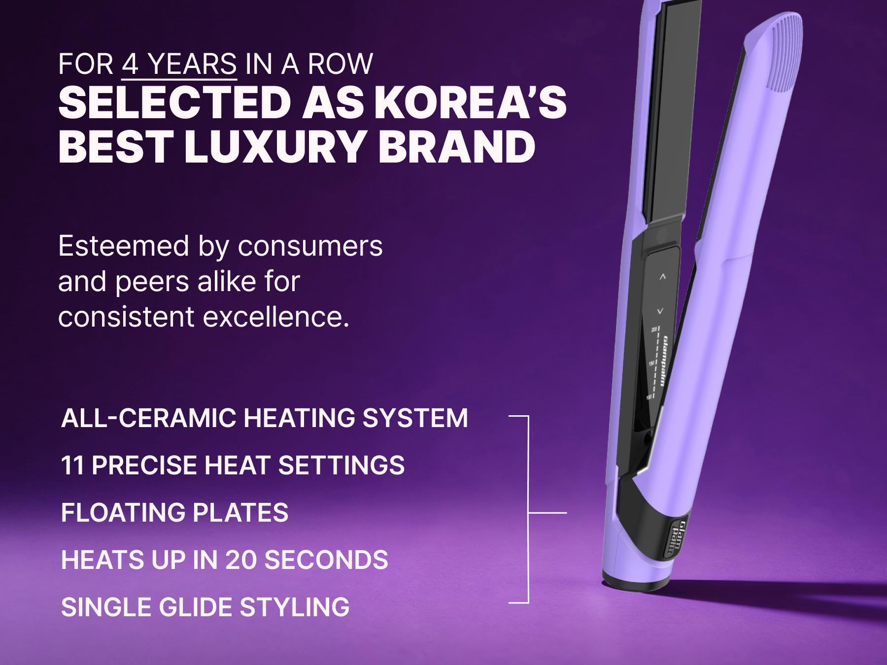 GLAMPALM GlamMuse 1" Hair Straightener - All-Ceramic Flat Iron Infused with Vita-C, Salon Results with Less Heat Damage, Trusted by K-Pop Hair Stylists, Dual Voltage Hair Straightener, Silk Press (GP201T Purple)