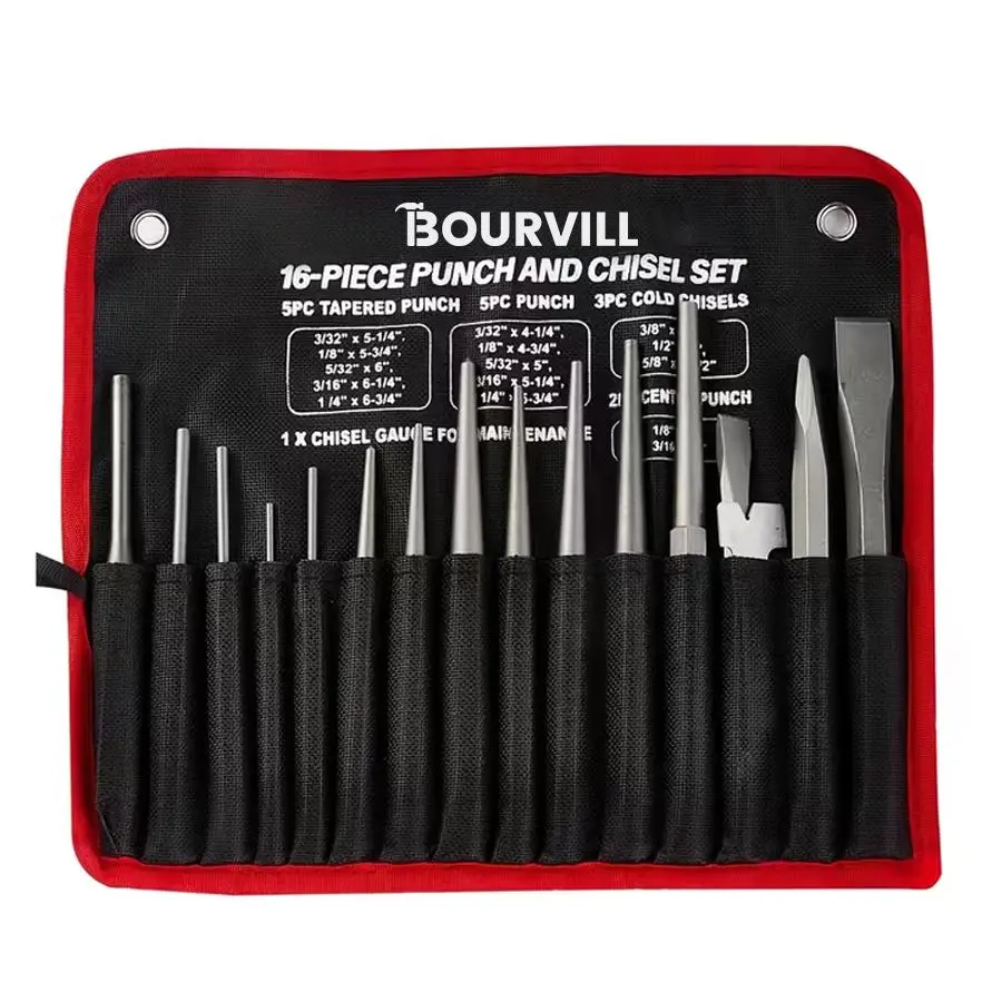 16-Piece Punch and Chisel Set with Storage Pouch, Including Taper Punch, Cold Chisels, Pin, Center Punch, Chrome Vanadium Steel Tool
