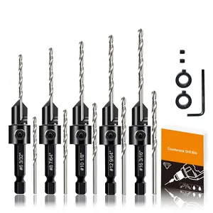 12- Countersink Drill Bit Set - 3-in-1  Counterbore Kit for #6#8#10#12#16 Screws | 82? Chamfer, Depth Adjustable | 5 Spare Bits,2 Limit Rings,Hex Key,Case.