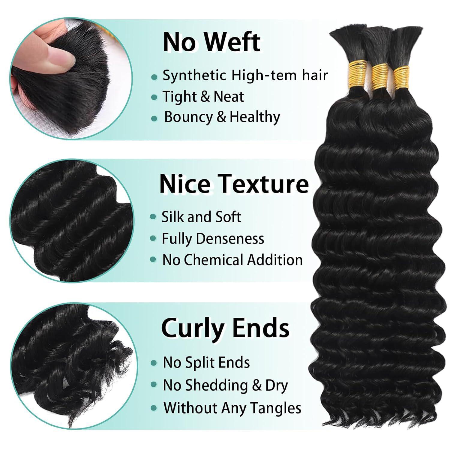 Deep Wave Bulk Hair for Braiding 24 Inch 2 Packs, Synthetic No Weft Boho Braiding Hair Extensions, Lightweight Durable for Black Women Crochet Braids, Party Festival Daily Wear