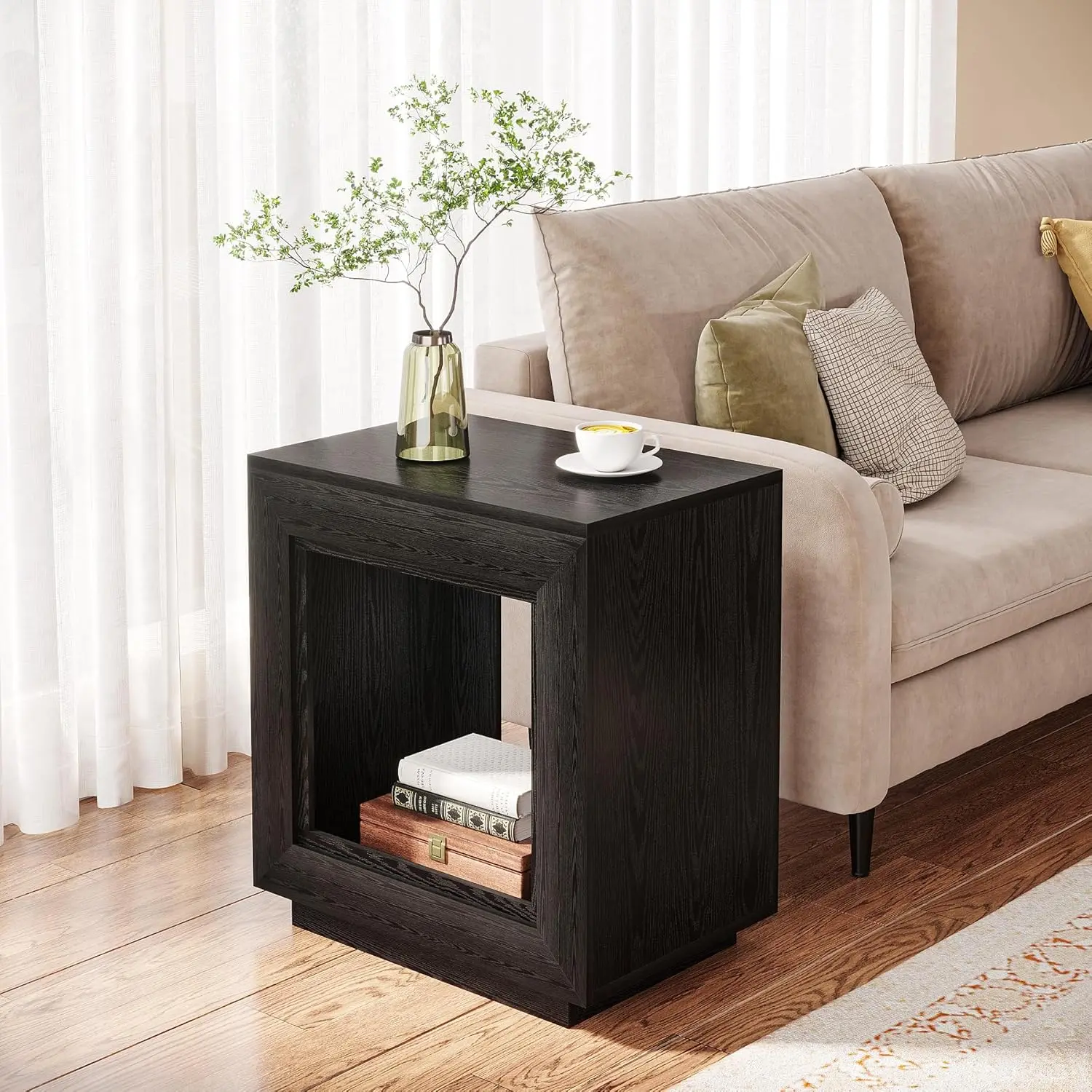 LITTLE TREE Rustic Wood End Table, 2 Tiered Square Side Table with Storage Shelf cool