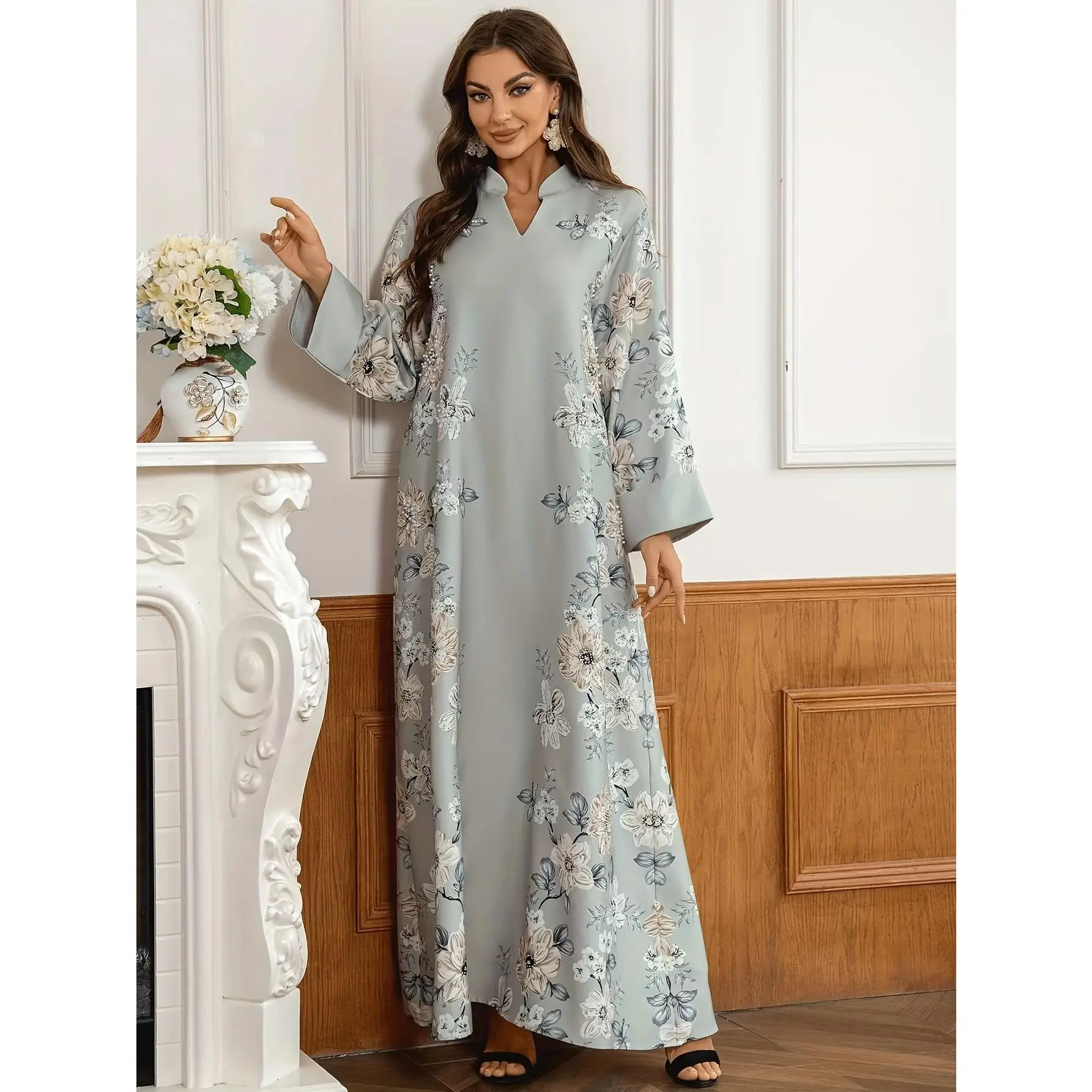 Women's Elegant Floral Embroidered Robe Dress - Long Sleeve V-neck Robe, with Beaded Details, Polyester Material, Perfect Choice for Spring and Autumn