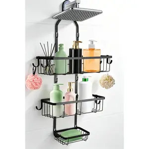 [HUOMAQFAN]Over Shower Head Shower Caddy, Height Adjustable No Drilling Rustproof Bathroom Hanging Shelf Organizer with Hooks, Shampoo Soap Holder for Shower Inside
