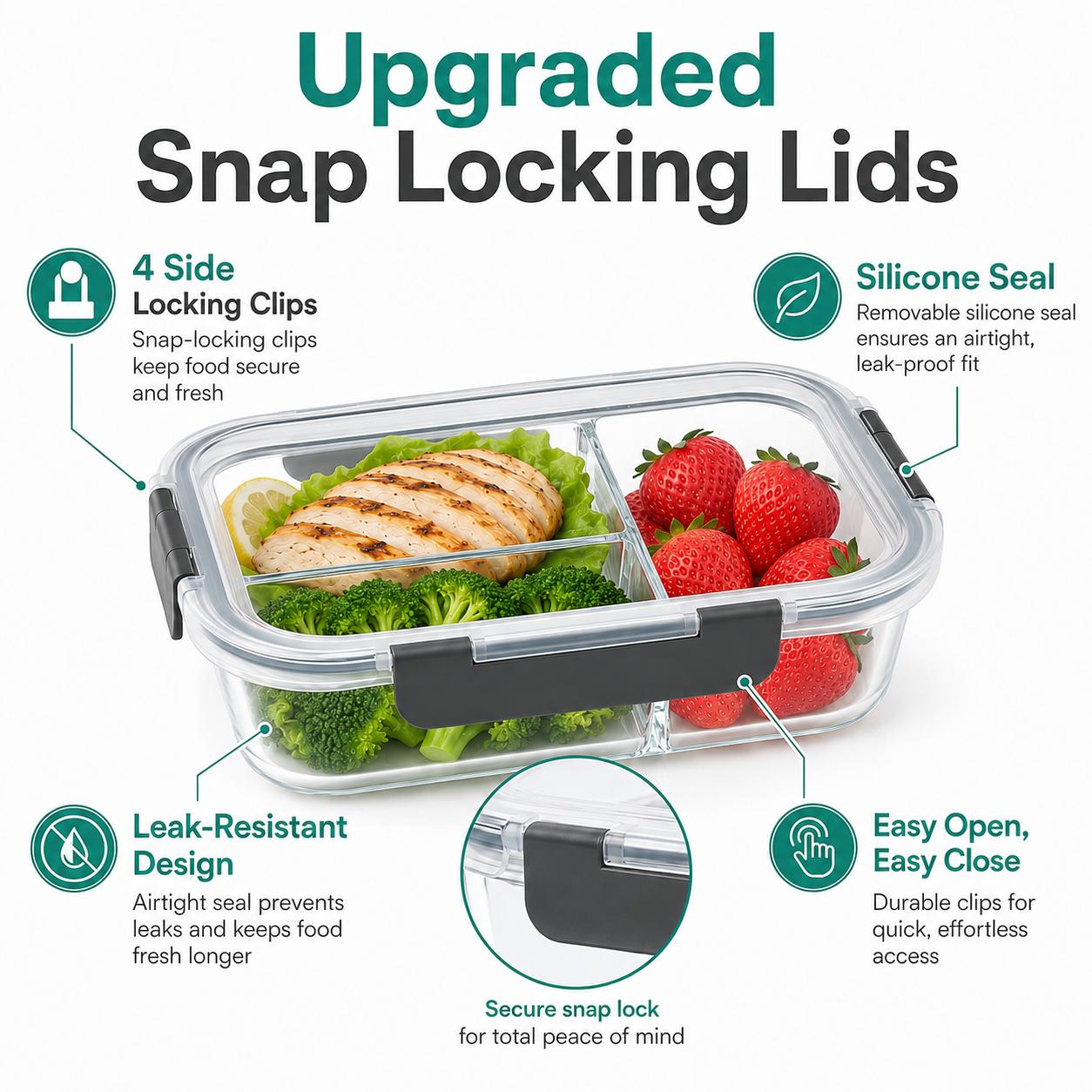 AISOON 5-Pack (36oz) Borosilicate Glass Meal Prep Containers with Airtight Lids, 3 Compartment Glass Lunch Containers, Food Prep Lunch Box, Bento Box, Microwave, Oven, Freezer & Dishwasher Safe, Leakproof, Food Storage, Meal Preps For The Week, Easy Meals