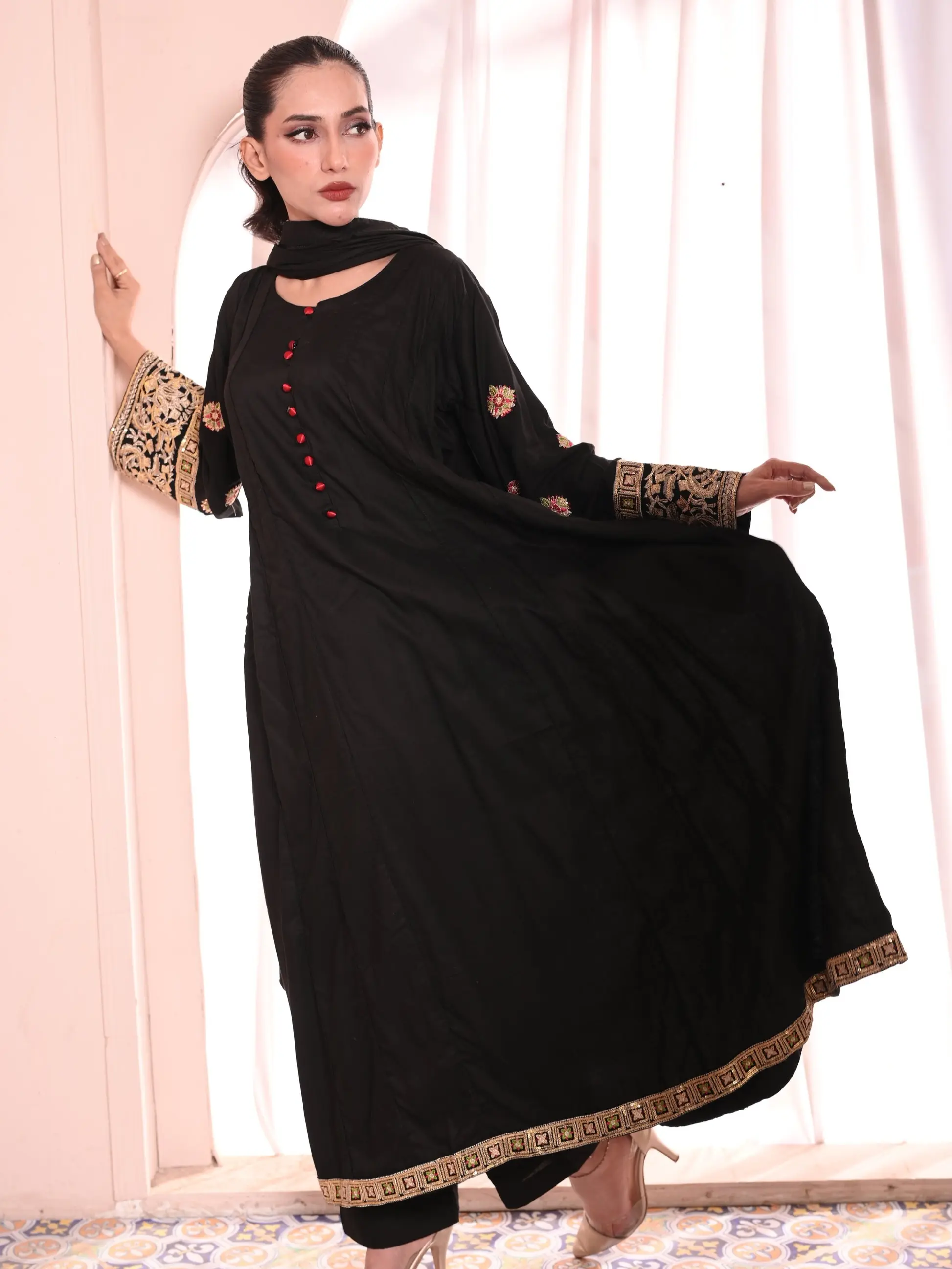 3PC Black Flared Dhanak Suit with Embroidered Sleeves & Chiffon Dupatta