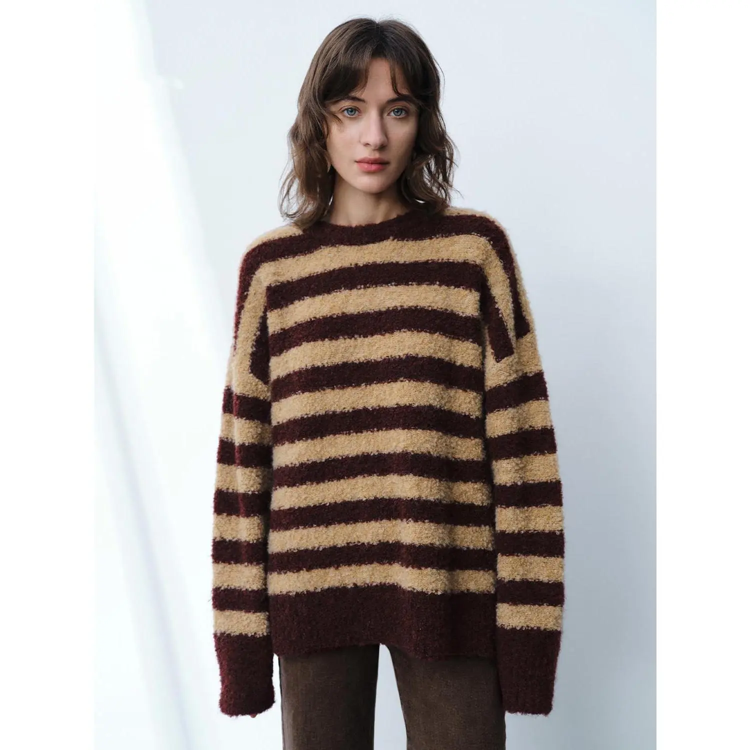 URBAN REVIVO Women's Round Neck Knitwear Jumper - Long Sleeve Striped Pullover, 2026 Medium-Thick Polyester-Mix Fabric, Multi-Size All-Season Women's Clothes