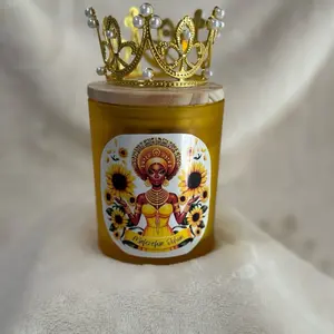 Oshun Candle with Gold Crown Design Featuring Sunflowers and Decorative Elements