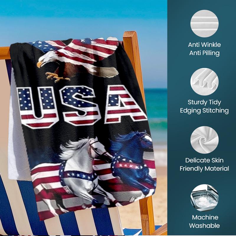 Patriotic USA Horse & Eagle Summer Beach Towel, 4th of July American Flag Towel for women Men