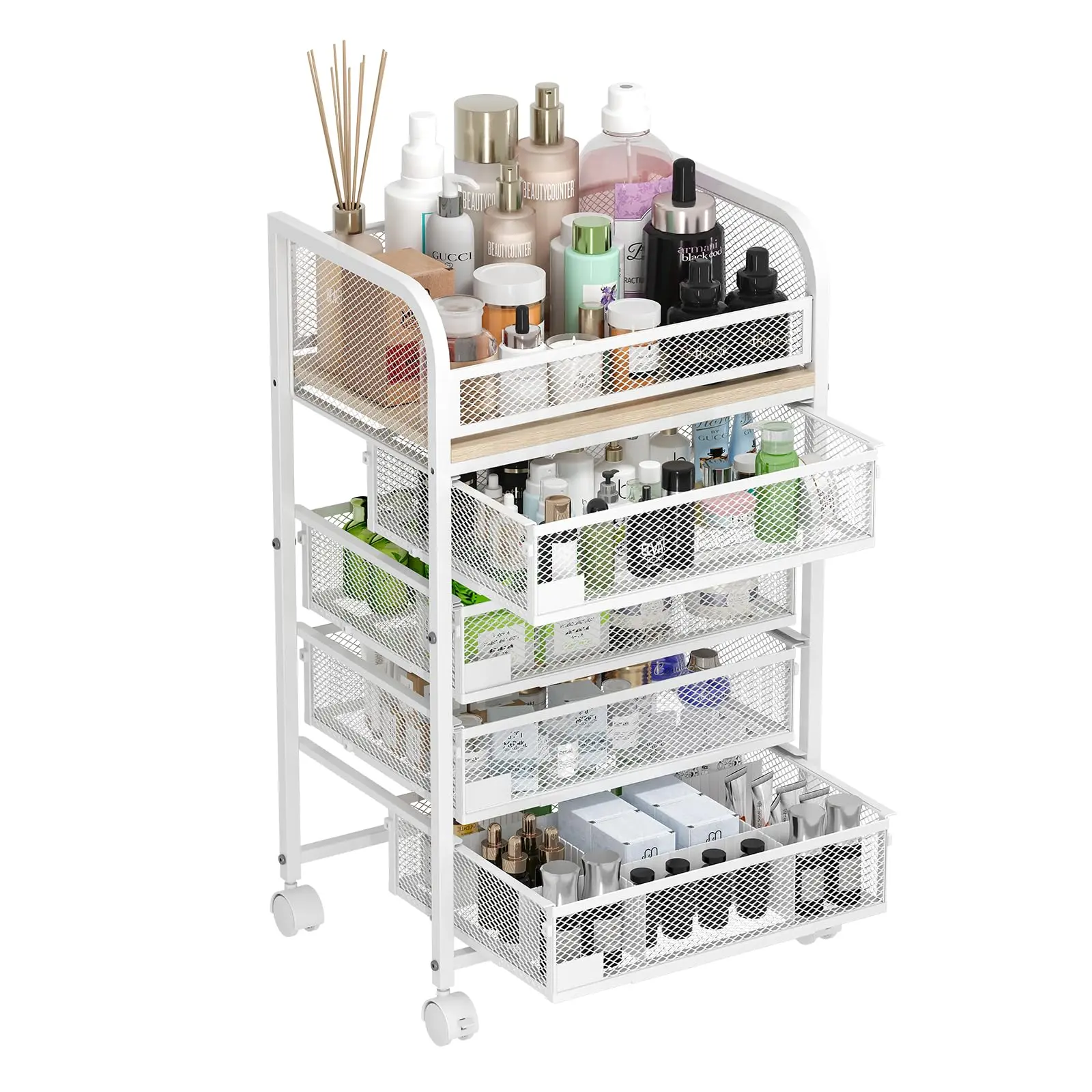 Modern MDF Beauty Organizer with 4 Drawers, Wheels, Nameplates, Floor Vanity Cosmetic Holder for Perfume, Nail Polish, Brushes (White)