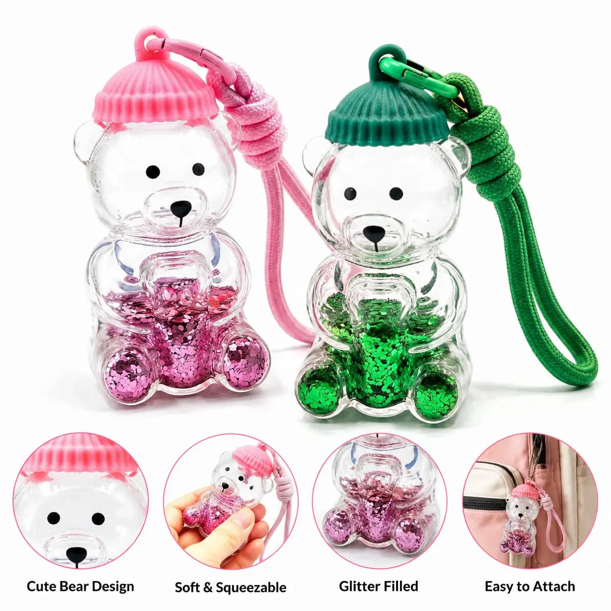 Sparkly Sequins Transparent Bear Pendant Keychain With Knit Hat & Matching Strap, Cute Backpack Purse Hanging Ornament Decor For Girls Teens