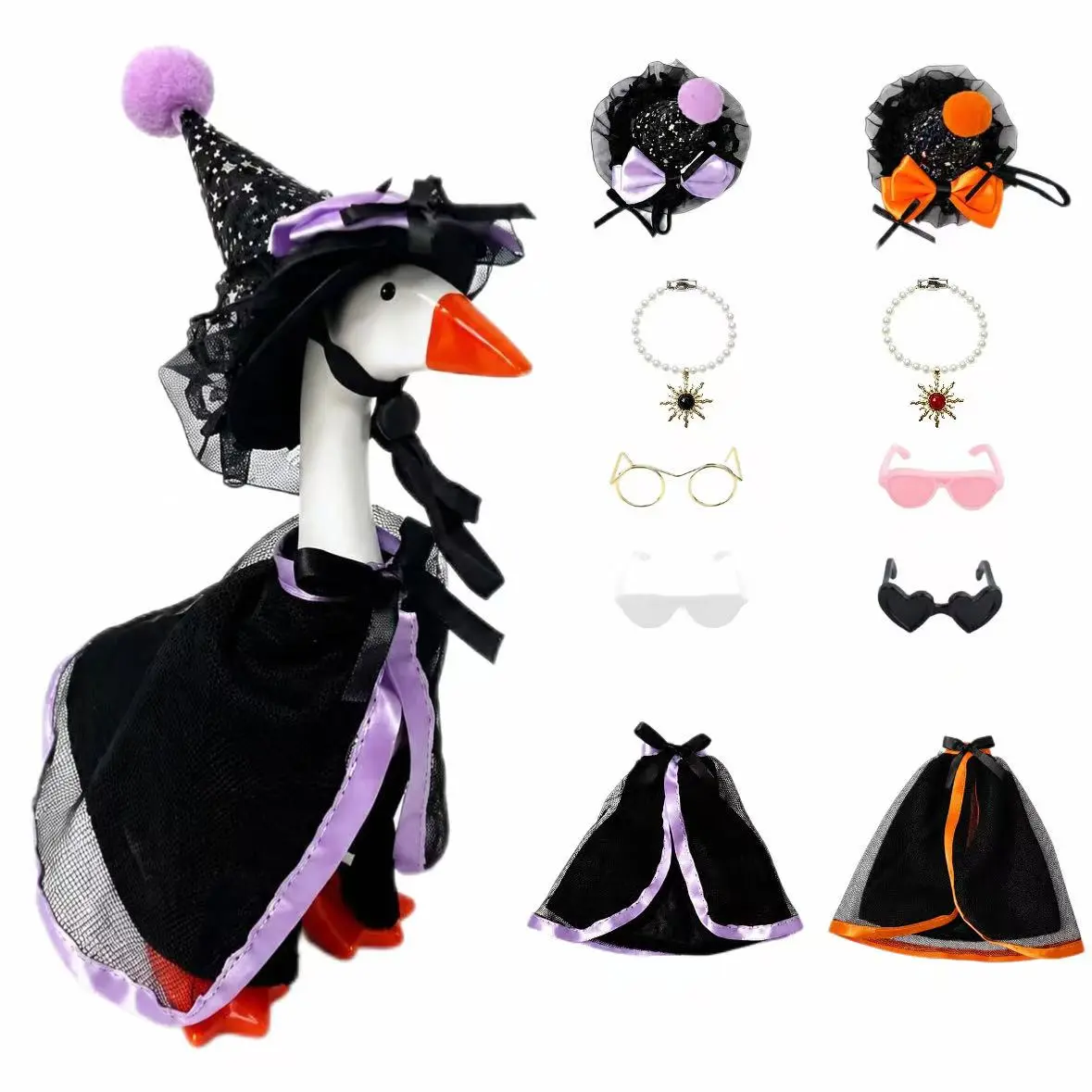 7-Inch Magnetic Desk Goose Halloween Witch Outfit Full Set, Including 2-Color Dress, Witch Hat, 4 Glasses Ornaments, 2-Color Necklaces Decor Accessories (Goose Statue Not Included)
