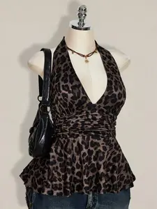 ZURI x  ICON Plus Size Women's Retro Sexy Individual Fashion Avant-Garde Urban Modern Millennial Style Y2K Leopard Print Pattern Waist Gathered Deep V Halter Neck Loose Hem Fitted Top, Going Out Tops
