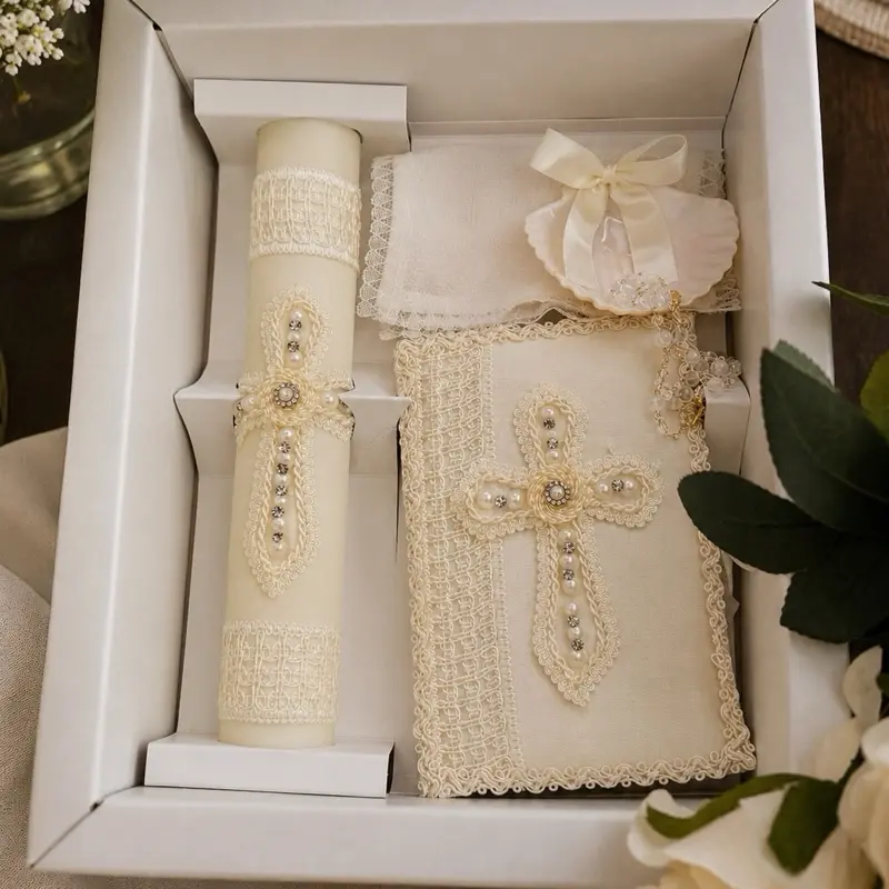 8-in Traditional Catholic Baptism Candle Gift Set - Unisex Festive Religious Supplies, Includes Rosary, New Testament, Decorative Elements, Packaged in English & Spanish White Box, Gift Sets