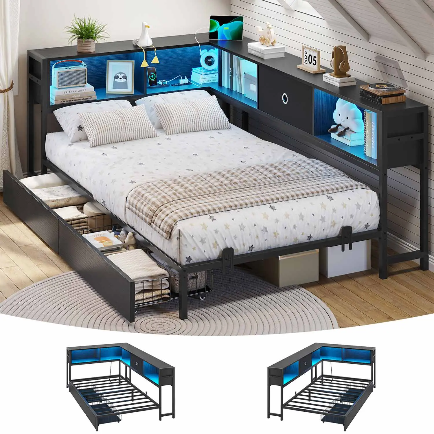 SIKAIC Upgraded Smart Multifunctional Standard Twin Size Storage Bed Frame - Black Indoor Furniture with LED Lights, Storage Drawers, Bookcase Headboard, Elevated Steel Build, Modern Bed Frame