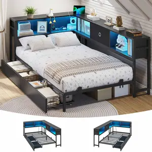 SIKAIC Twin Size Daybed with LED Lights, Storage Drawers and Bookcase Headboard, Black Indoor Bed Frame