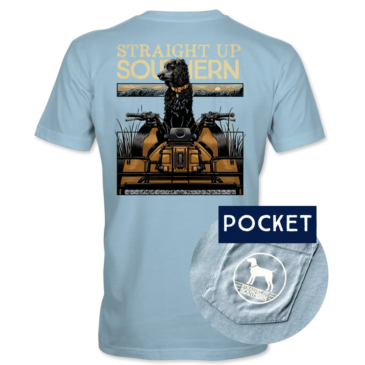 Straight Up Southern Boykin 4-Wheeler Men's Pocket T-Shirt – Chambray