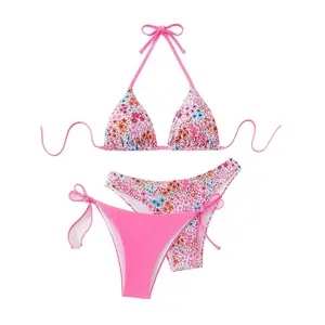 Women's Ditsy Floral Pink Flattering Halter Triangle Bikini Set Contrast Adjustable Side Tie Two Piece High Waisted Tummy Control Swimsuit Snatched Waist Beach Vacation Outfit Bikini Set for Midsize Curvy Women cheeky tropical style rash guard suit