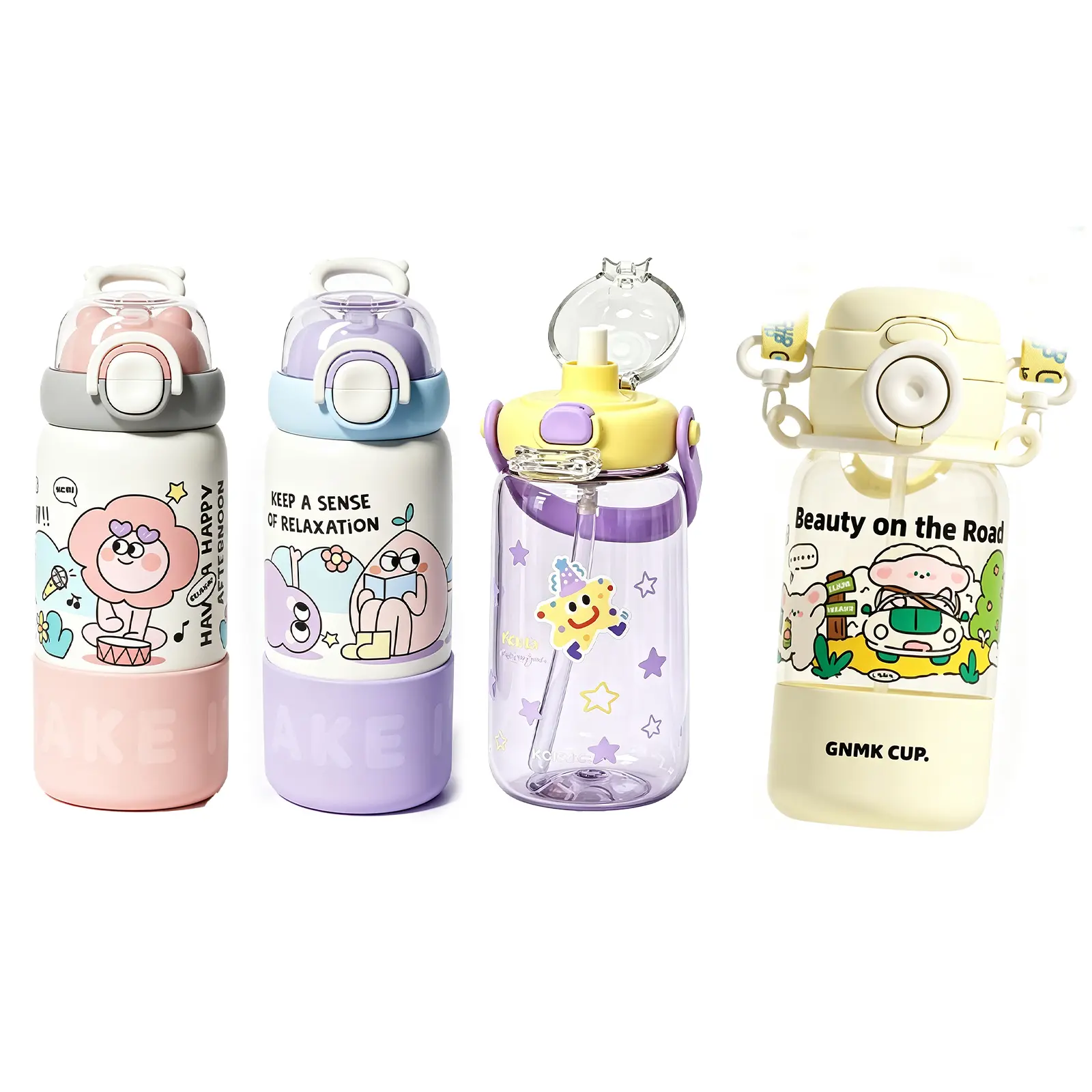 4 Pcs Multi-Styles Kawaii Cartoon Water Bottle Set, Stainless Steel Insulated Tumbler & BPA-Free Plastic Straw Cup with Adjustable Shoulder Strap, Leakproof Portable Drinking Cup for School Outdoor Travel Girls Boys