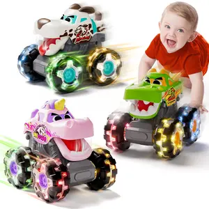HOLA 3 Pack Light Up Monster Trucks for Toddlers – Push and Go Cars with Color Changing LED Wheels & Chomping Mouth – Dragon Unicorn Dalmatian Toy Trucks for Boy Girl Birthday Gift